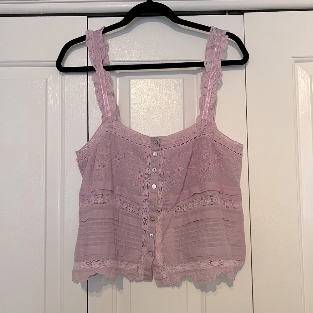 Beautiful Feminine LoveShackFancy Lavender Lace Trim Top Vintage Romantic Style